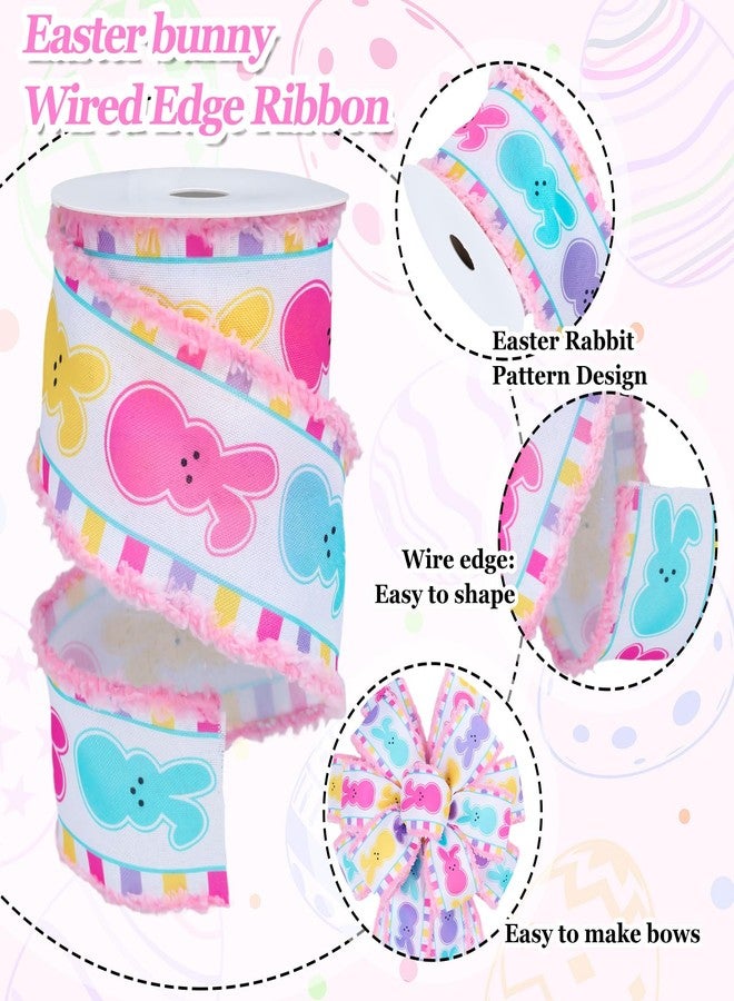 Whaline Easter Bunny Wired Edge Ribbon Spring Wired Ribbon Easter Rabbit Colorful Fabric Craft Ribbon with Pink Fluffy Edged for Gift Wrapping Wreath Bow DIY Crafts Party Decor, 10 Yards, 2.5 Inch - Image 3